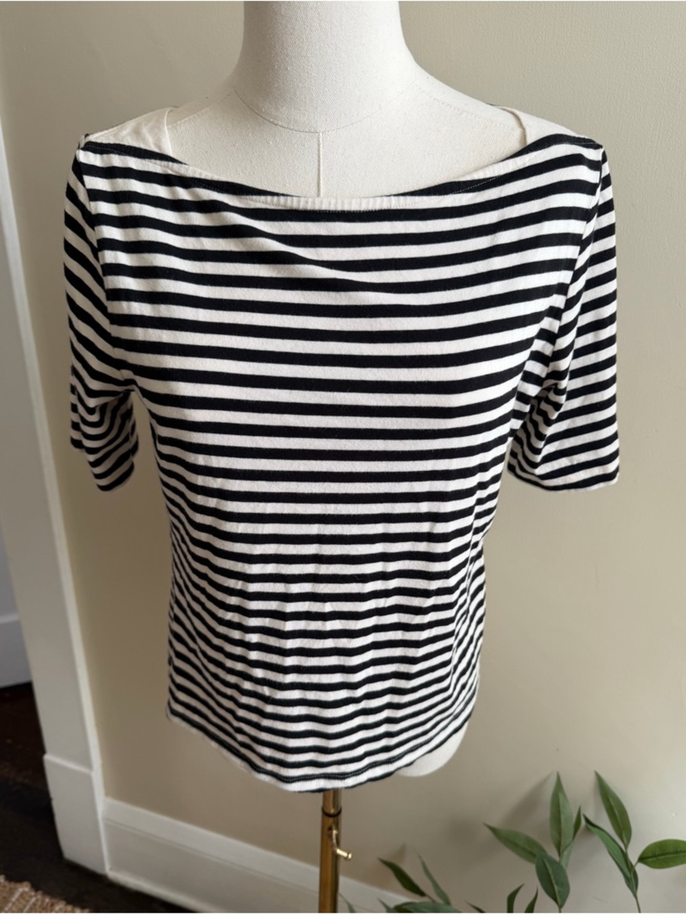 💐Martha Stewart Black and White Nautical Style Striped Boatneck Short Sleeve Top